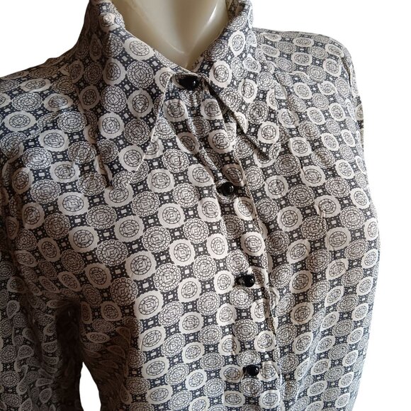 1OF1 Medium Vintage Blouse 1960's Geometric Print Button-Up Top Pointed Collar - Picture 1 of 11